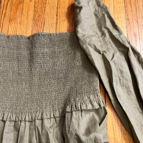 Quince Dress Womens XL Beige Linen Long Sleeve Smocked Off The Shoulder Mini - Picture 2 of 7